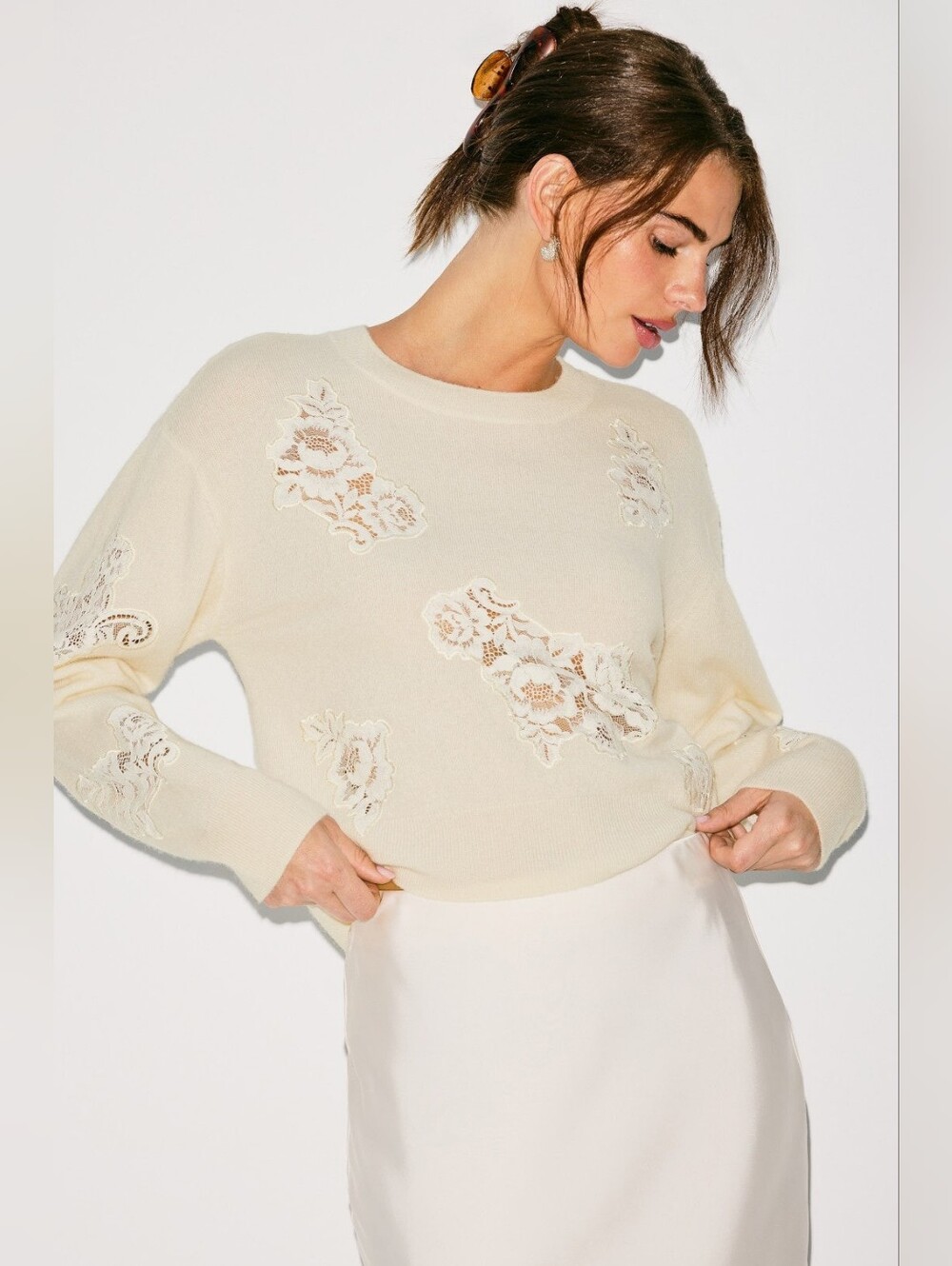 LoveShackFancy Lazuli Cashmere Wool Lace Appliqué Sweater Cream S